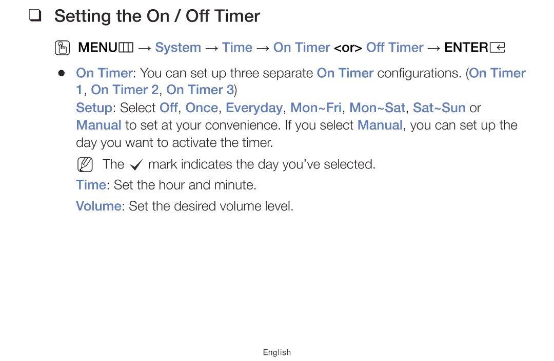 Samsung UE32K4102AKXXH manual Setting the On / Off Timer, OO MENUm → System → Time → On Timer or Off Timer → Entere 