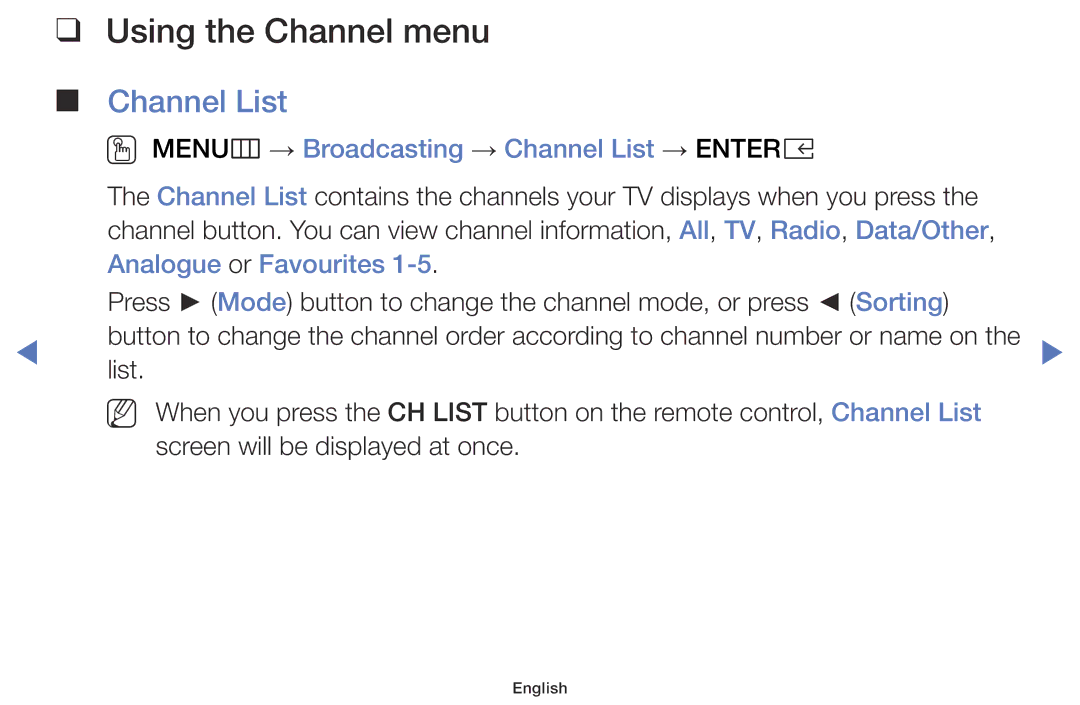 Samsung UE40K5100AWXXH, UE32K4100AWXXH manual Using the Channel menu, OO MENUm → Broadcasting → Channel List → Entere 