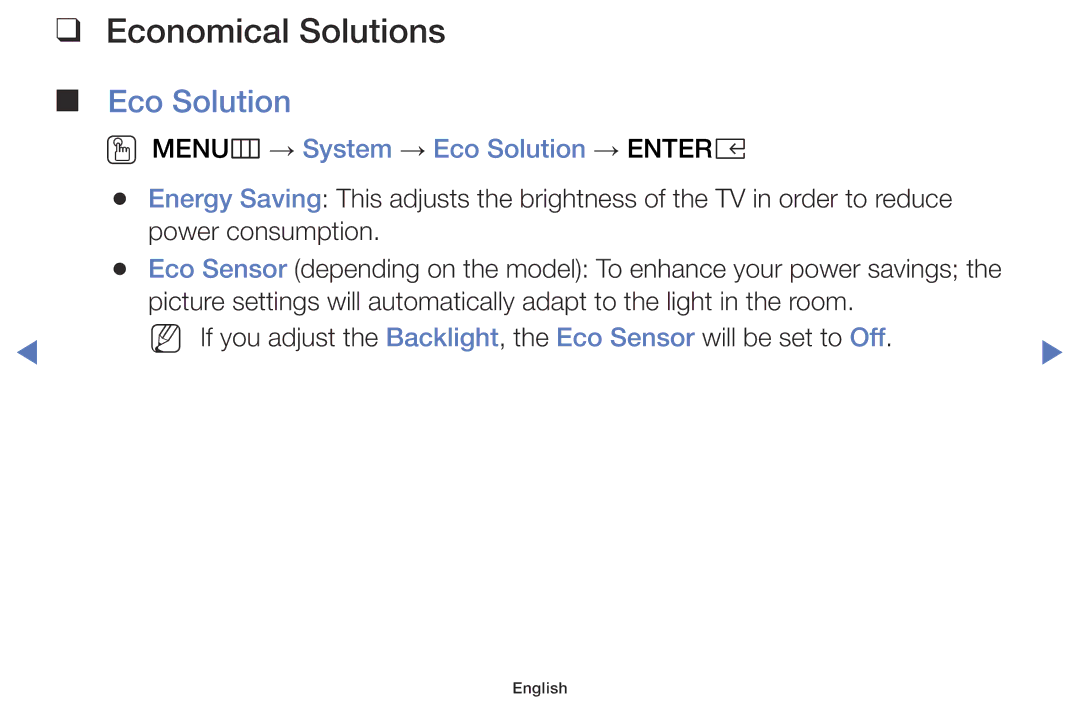 Samsung UE32K5102AKXBT, UE32K4100AWXXH, UE32K5100AWXXH Economical Solutions, OO MENUm → System → Eco Solution → Entere 