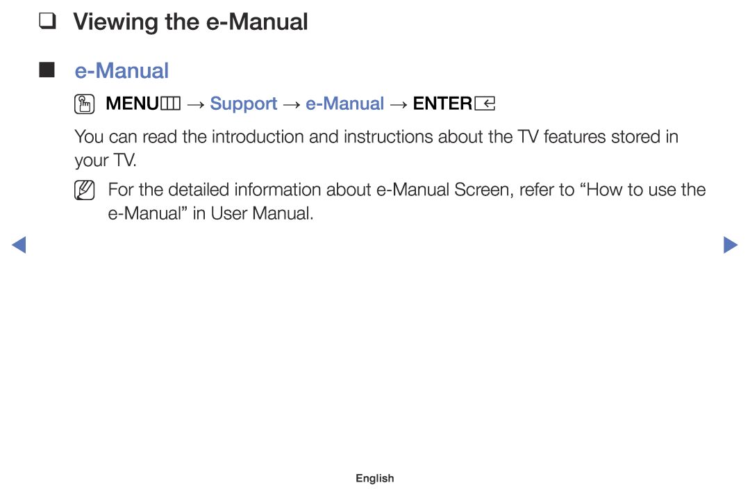 Samsung UE40K5102AKXBT, UE32K4100AWXXH, UE32K5100AWXXH manual Viewing the e-Manual, OO MENUm → Support → e-Manual → ENTERE 