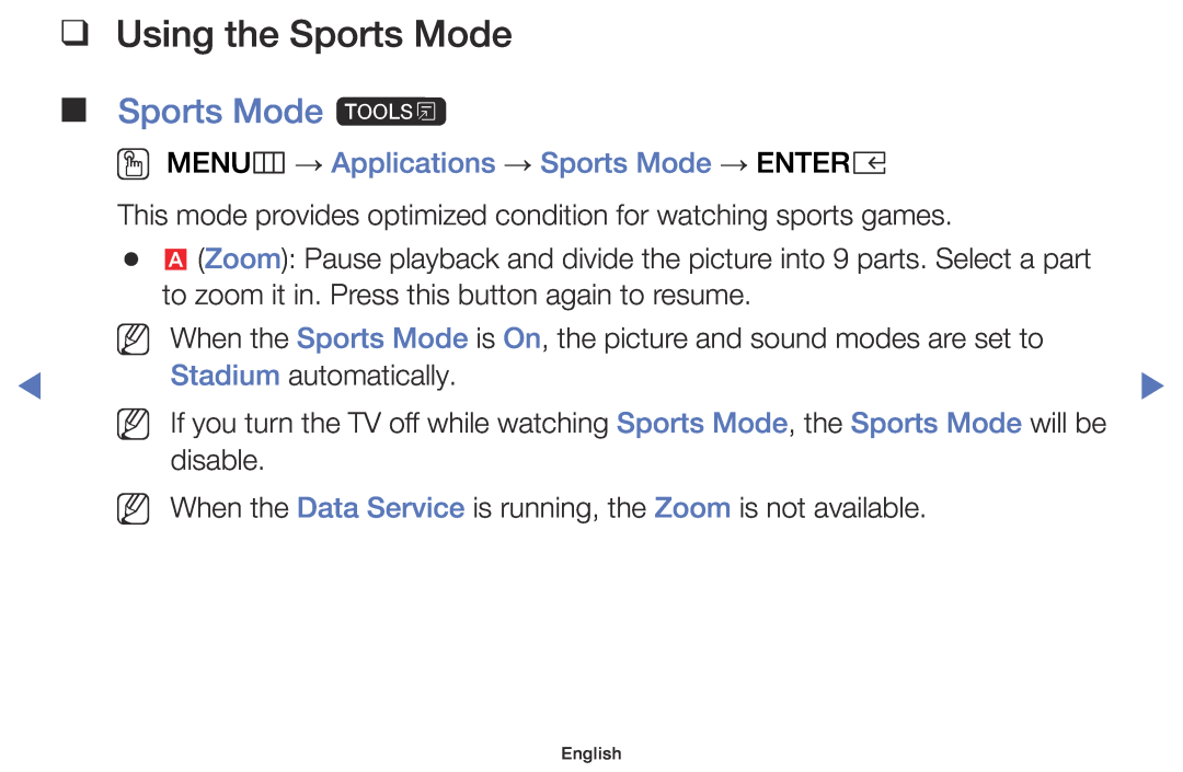 Samsung UE32K4100AWXZG manual Using the Sports Mode, Sports Mode t, OO MENUm → Applications → Sports Mode → ENTERE, Nn Nn 