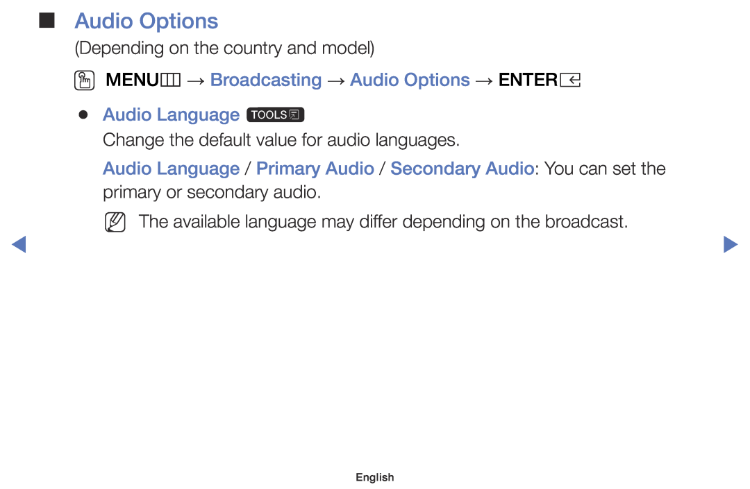 Samsung UE49K5100AWXXC, UE32K4100AWXXH manual OO MENUm → Broadcasting → Audio Options → ENTERE Audio Language t, English 