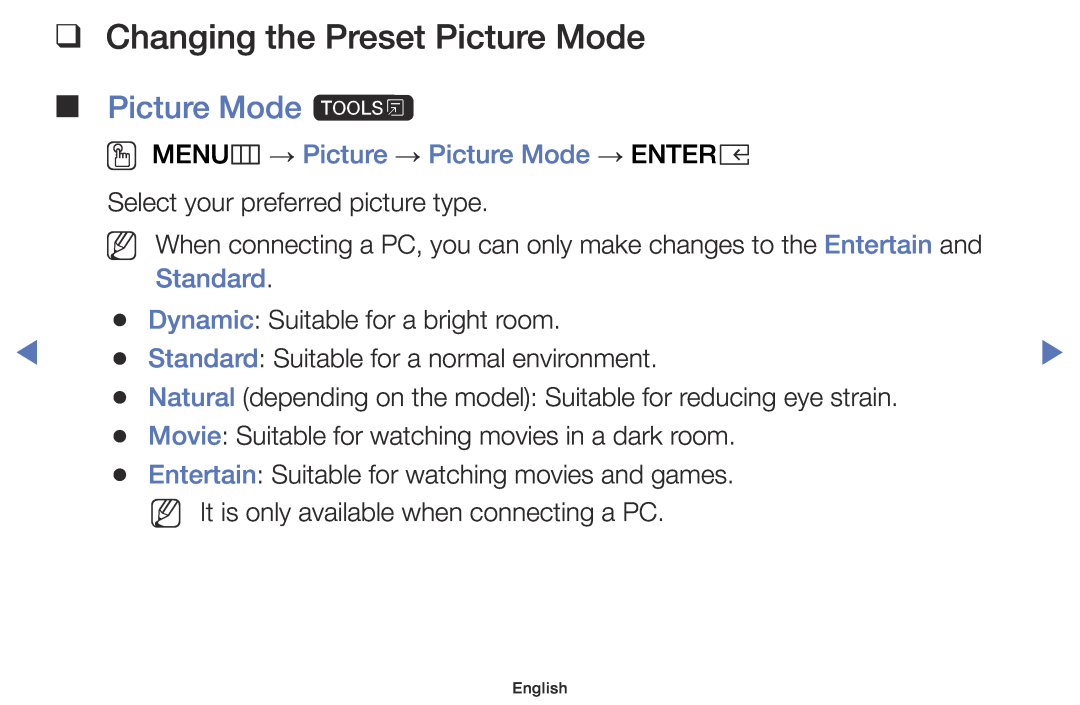 Samsung UE32K5100AWXZF manual Changing the Preset Picture Mode, Picture Mode t, OO MENUm → Picture → Picture Mode → ENTERE 