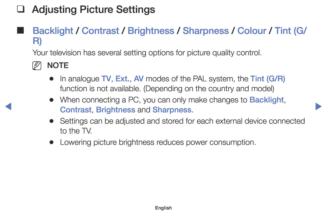 Samsung UE40K5100AWXZF Adjusting Picture Settings, Backlight / Contrast / Brightness / Sharpness / Colour / Tint G/ R 