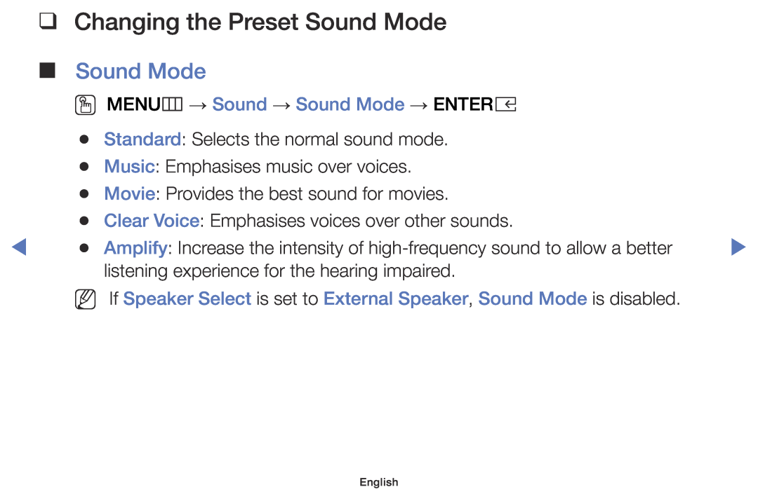 Samsung UE32K4100AWXXN, UE32K4100AWXXH manual Changing the Preset Sound Mode, OO MENUm → Sound → Sound Mode → ENTERE 