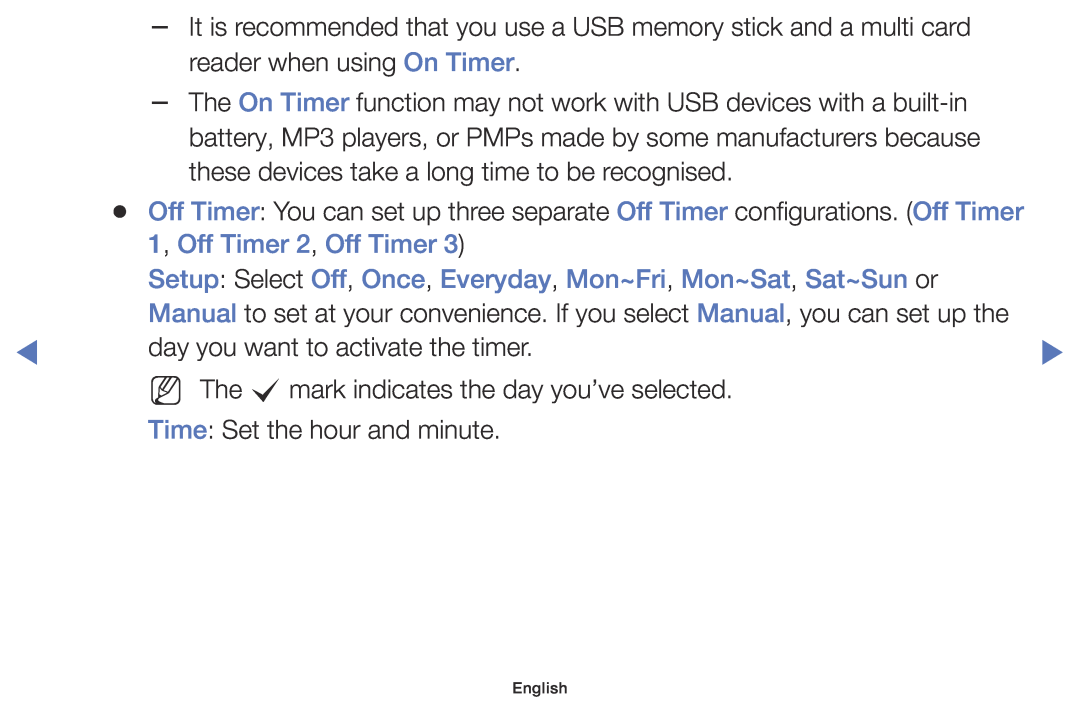 Samsung UE40K5102AKXBT manual 1, Off Timer 2, Off Timer, Setup Select Off, Once, Everyday, Mon~Fri, Mon~Sat, Sat~Sun or 