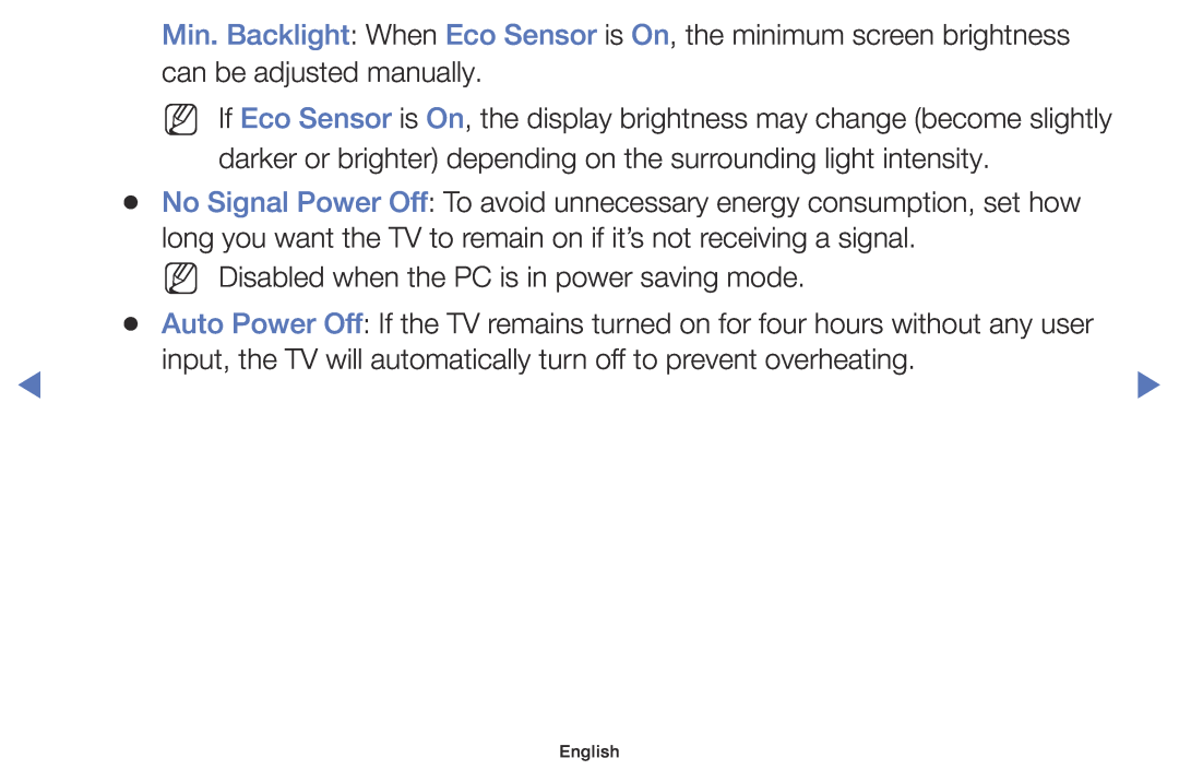 Samsung UE49K5102AKXBT, UE32K4100AWXXH, UE32K5100AWXXH Min. Backlight When Eco Sensor is On, the minimum screen brightness 