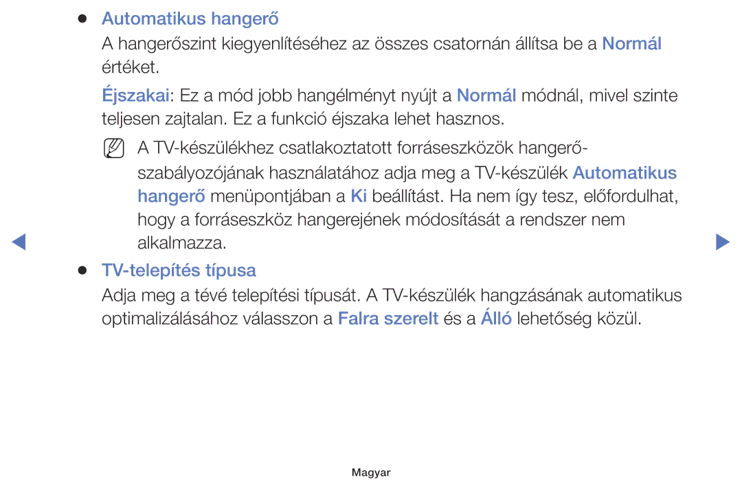 Samsung UE32K4102AKXXH, UE32K4100AWXXH, UE32K5100AWXXH, UE49K5100AWXXH manual Automatikus hangerő, TV-telepítés típusa 