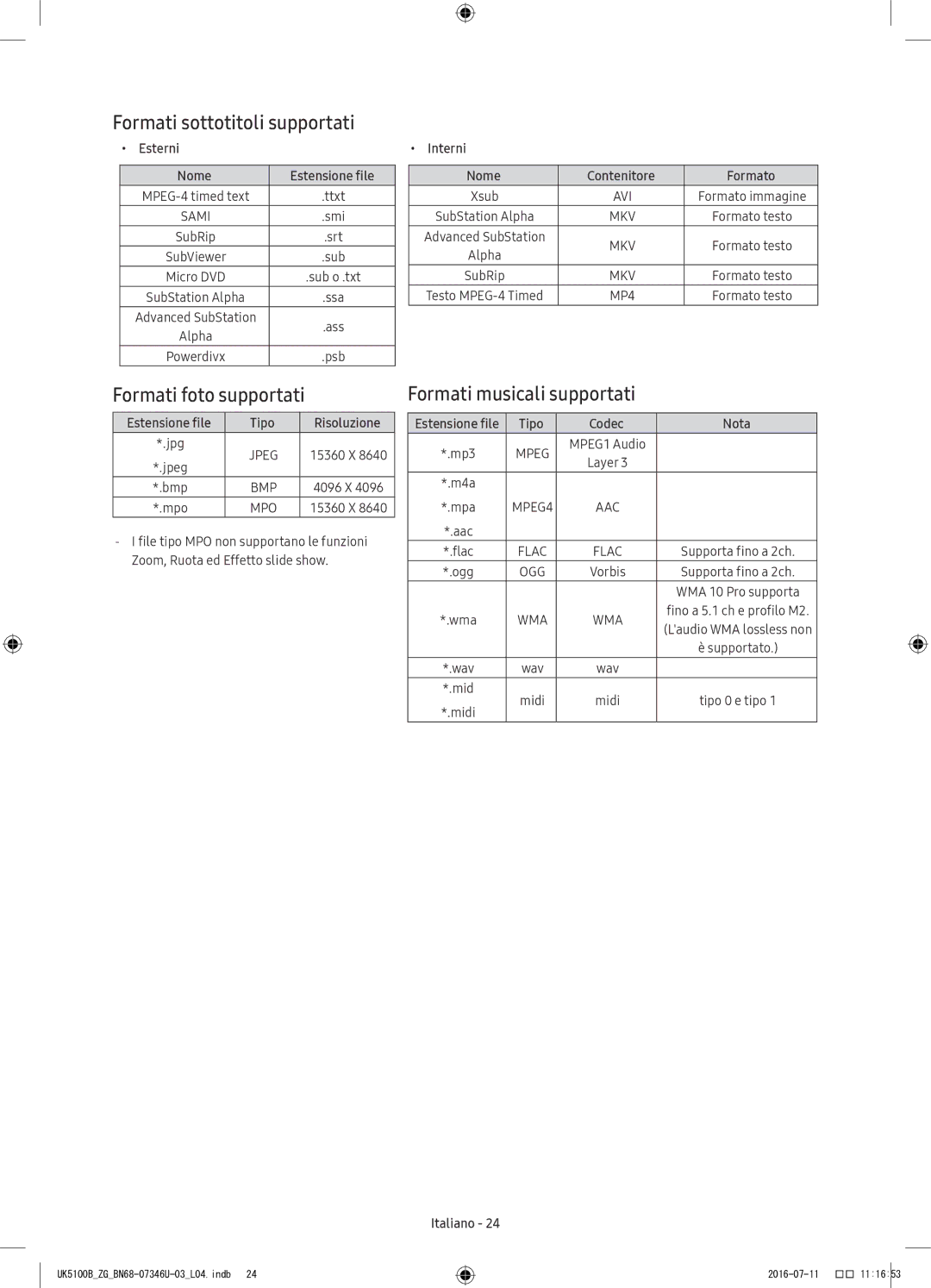 Samsung UE32K4100AWXXH manual Formati sottotitoli supportati, Formati foto supportati, Formati musicali supportati 