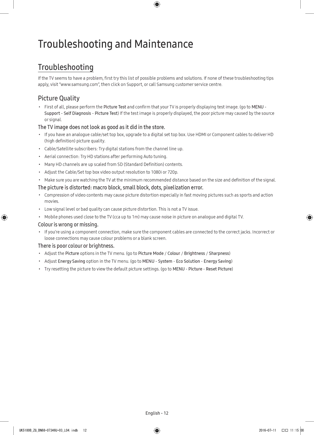 Samsung UE32K4100AWXXH, UE32K4109AWXZG, UE32K5179SSXZG, UE40K5179SSXZG manual Troubleshooting and Maintenance, Picture Quality 