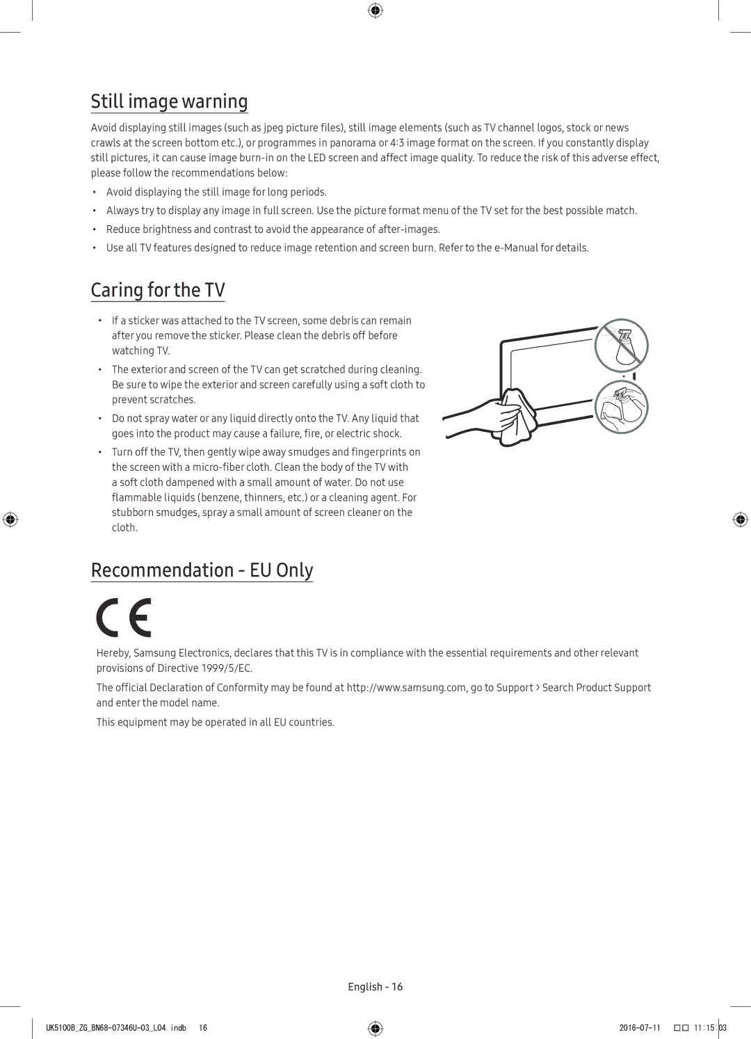 Samsung UE32K4100AWXZG, UE32K4109AWXZG, UE32K5179SSXZG manual Still image warning, Caring for the TV, Recommendation EU Only 