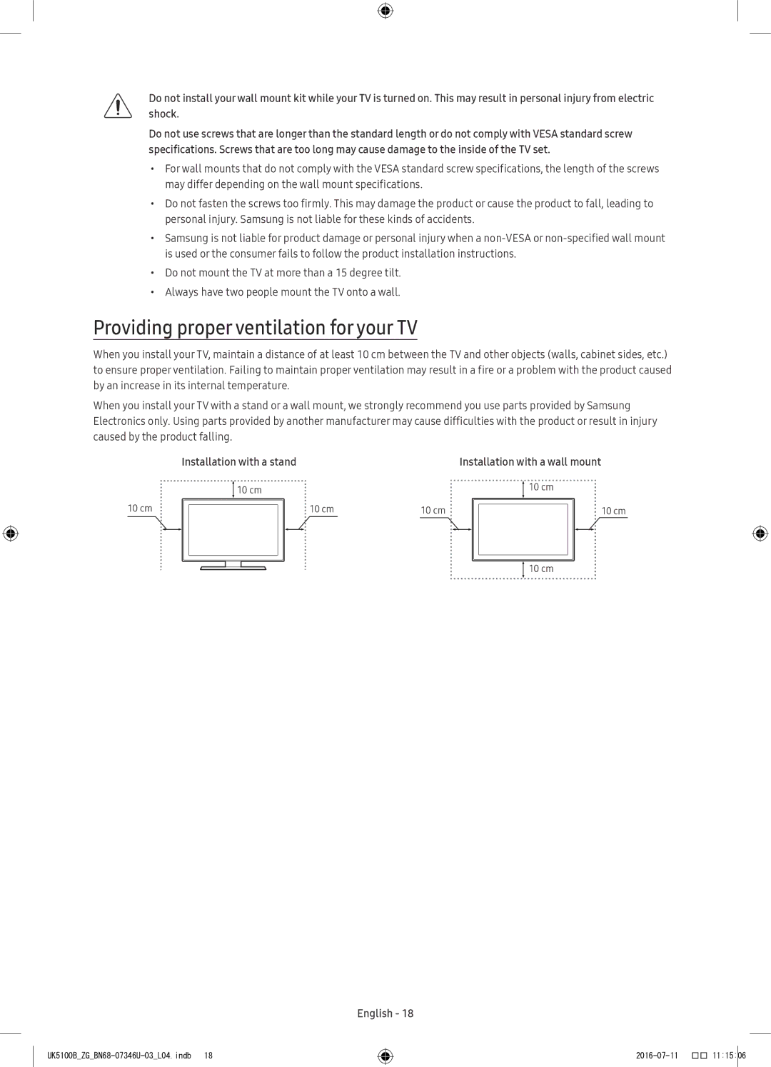 Samsung UE32K4109AWXZG, UE32K5179SSXZG, UE40K5179SSXZG Providing proper ventilation for your TV, Installation with a stand 