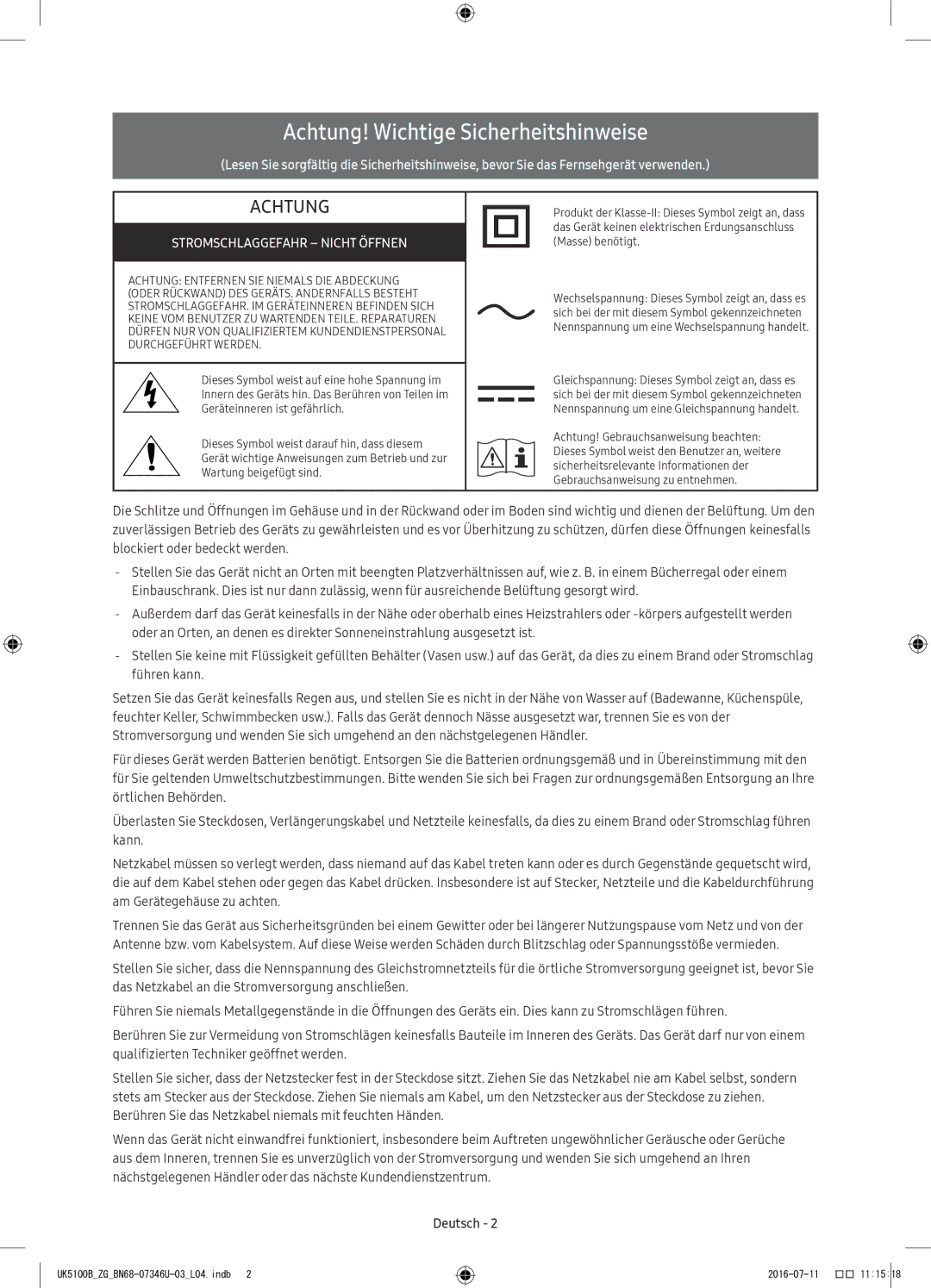 Samsung UE32K5179SSXZG, UE32K4109AWXZG, UE40K5179SSXZG, UE32K4100AWXXH manual Achtung! Wichtige Sicherheitshinweise, Deutsch 