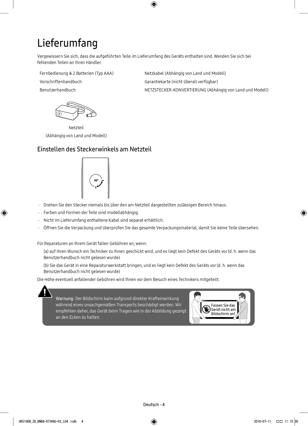 Samsung UE32K4100AWXXH, UE32K4109AWXZG, UE32K5179SSXZG manual Lieferumfang, Einstellen des Steckerwinkels am Netzteil 