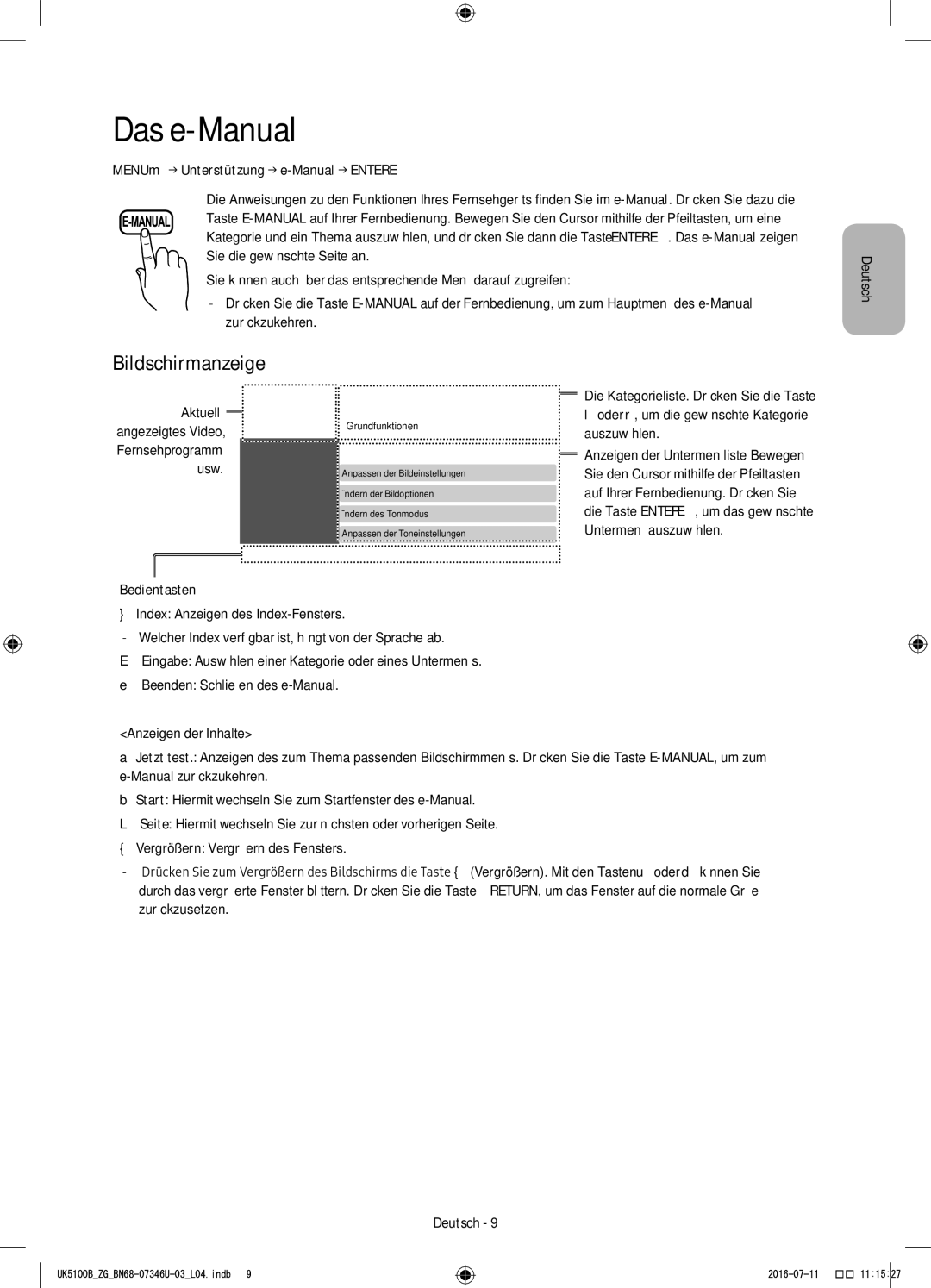 Samsung UE32K4100AWXXN manual Das e-Manual, Bildschirmanzeige, MENUm→ Unterstützung → e-Manual → Entere, Bedientasten 