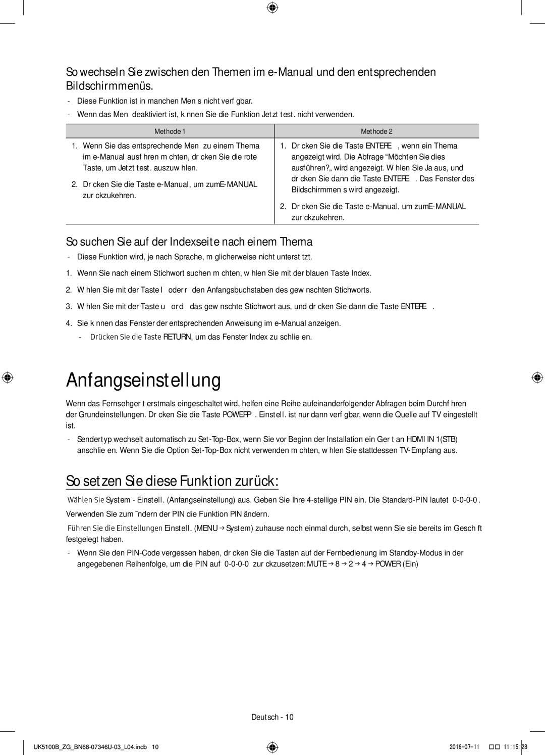 Samsung UE32K4109AWXZG, UE32K5179SSXZG, UE40K5179SSXZG manual Anfangseinstellung, So setzen Sie diese Funktion zurück 