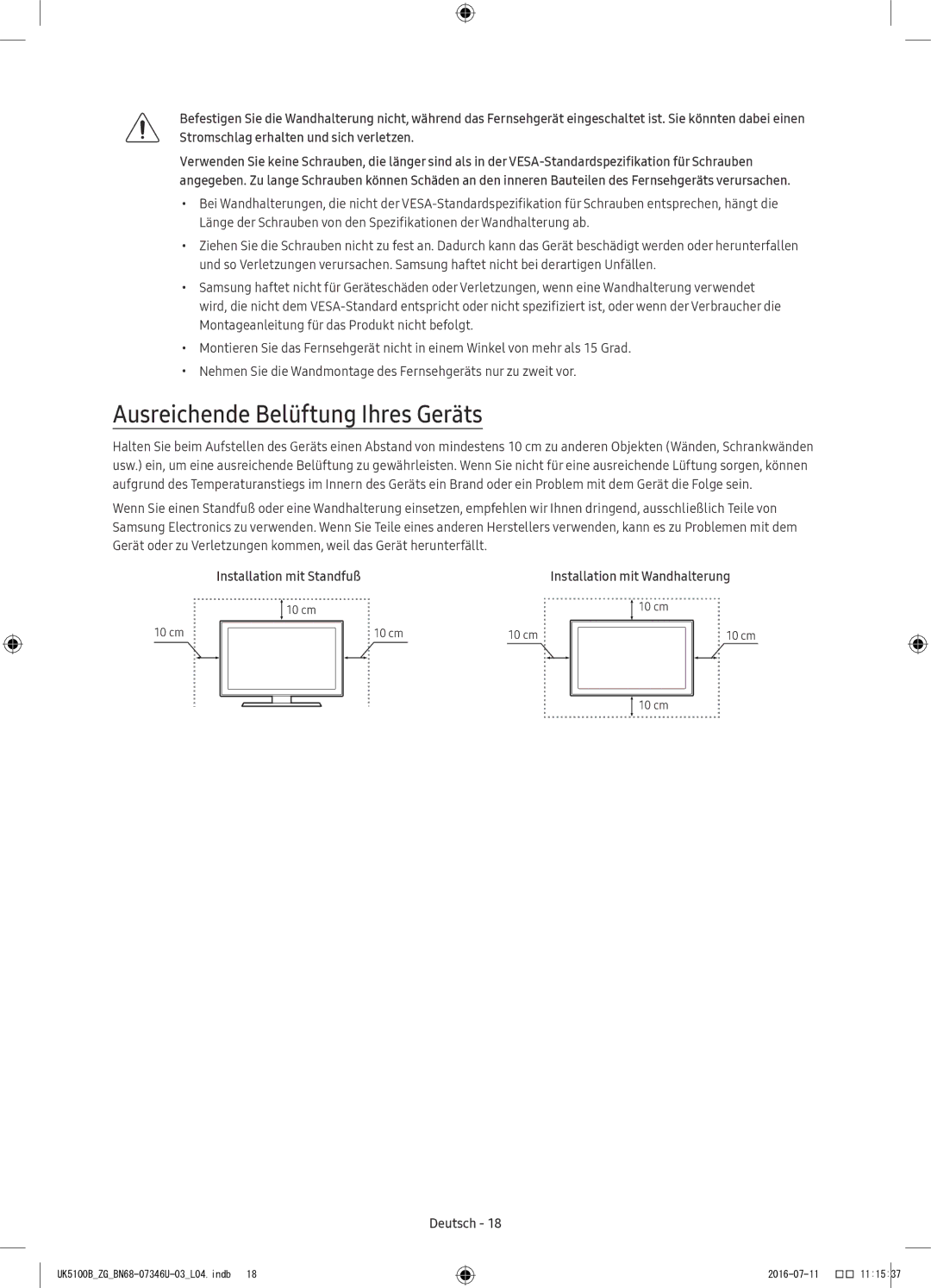 Samsung UE32K4100AWXXN, UE32K4109AWXZG, UE32K5179SSXZG manual Ausreichende Belüftung Ihres Geräts, Installation mit Standfuß 