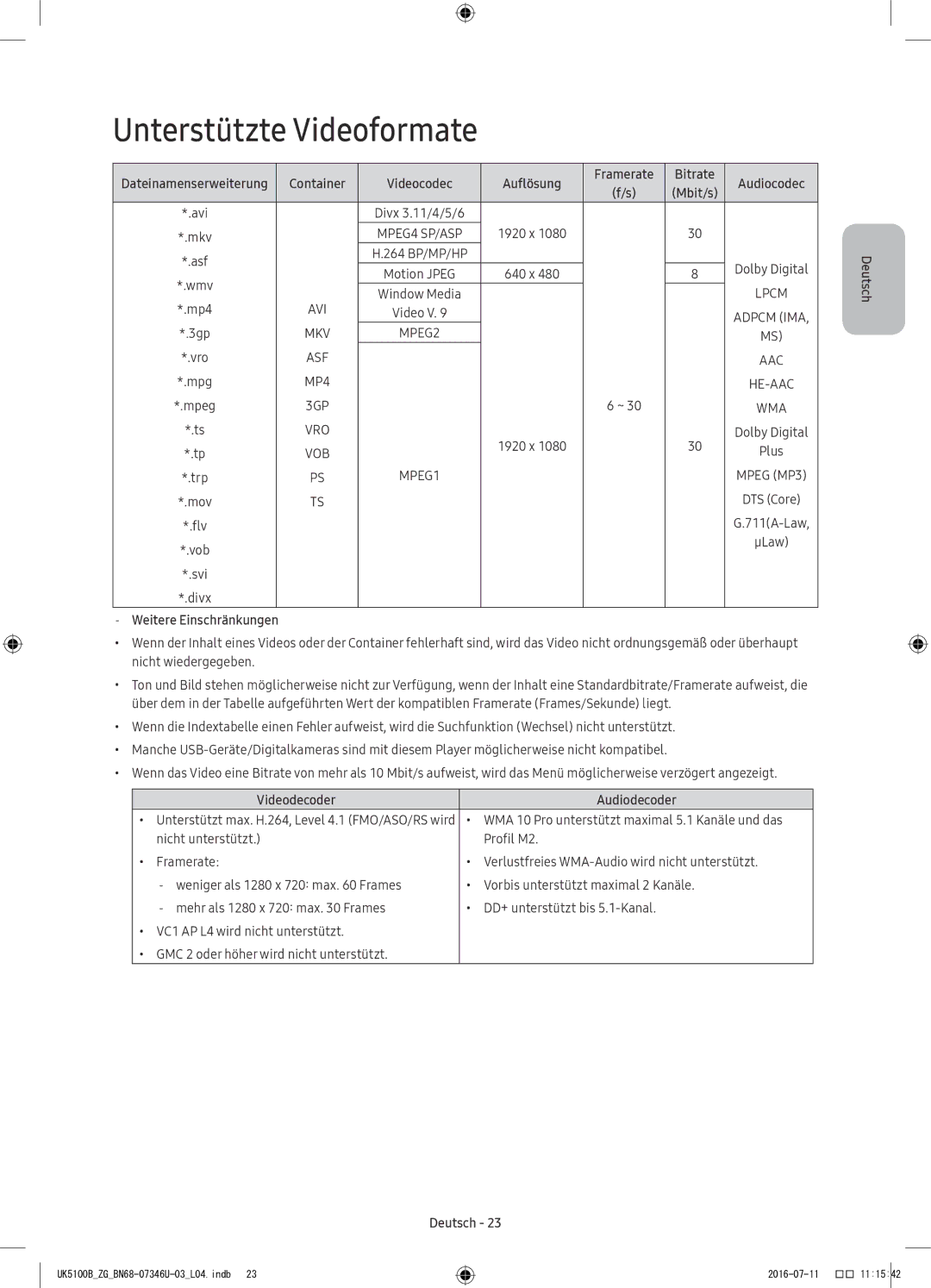 Samsung UE40K5170SSXZG manual Unterstützte Videoformate, Container Videocodec Auflösung, Bitrate, Videodecoder Audiodecoder 