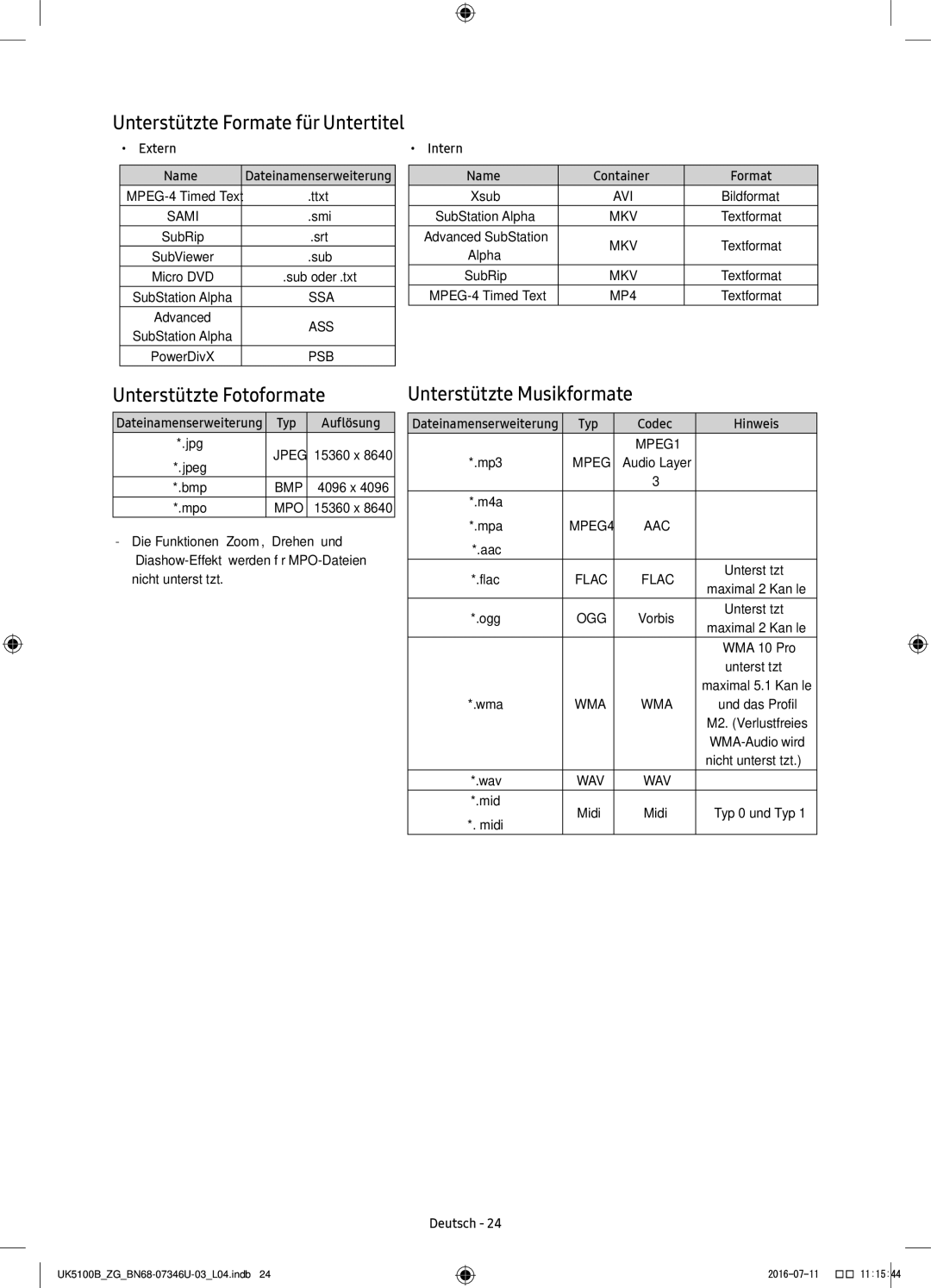 Samsung UE32K4100AWXXC manual Unterstützte Fotoformate, Unterstützte Musikformate, Unterstützte Formate für Untertitel 