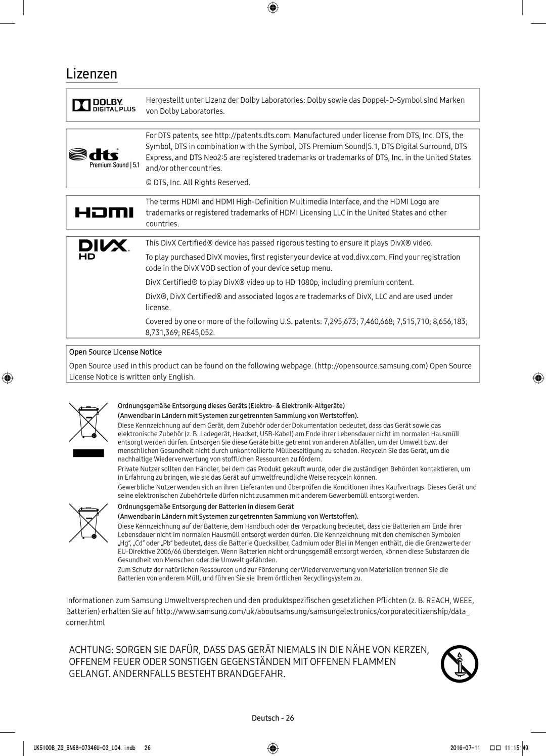 Samsung UE32K4100AWXZG, UE32K4109AWXZG, UE32K5179SSXZG, UE40K5179SSXZG, UE32K4100AWXXH Lizenzen, Open Source License Notice 