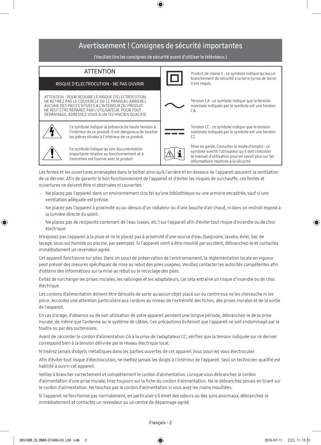 Samsung UE32K4109AWXZG, UE32K5179SSXZG, UE40K5179SSXZG manual Avertissement ! Consignes de sécurité importantes, Français 