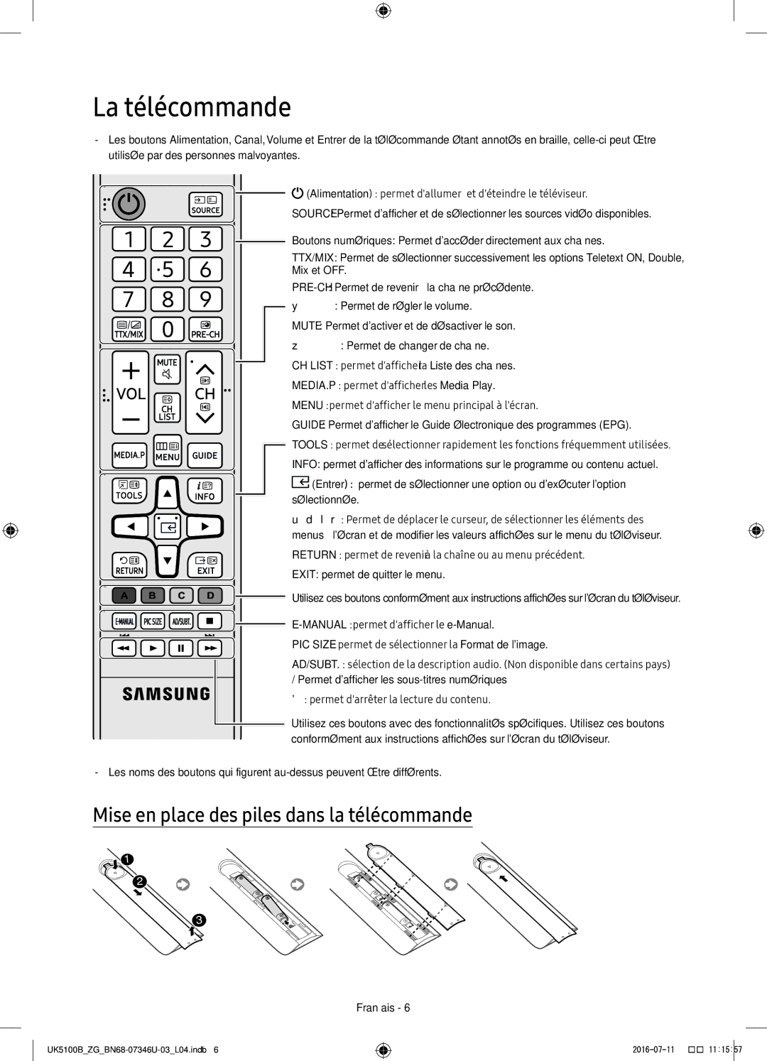 Samsung UE40K5170SSXZG, UE32K4109AWXZG, UE32K5179SSXZG manual La télécommande, Mise en place des piles dans la télécommande 