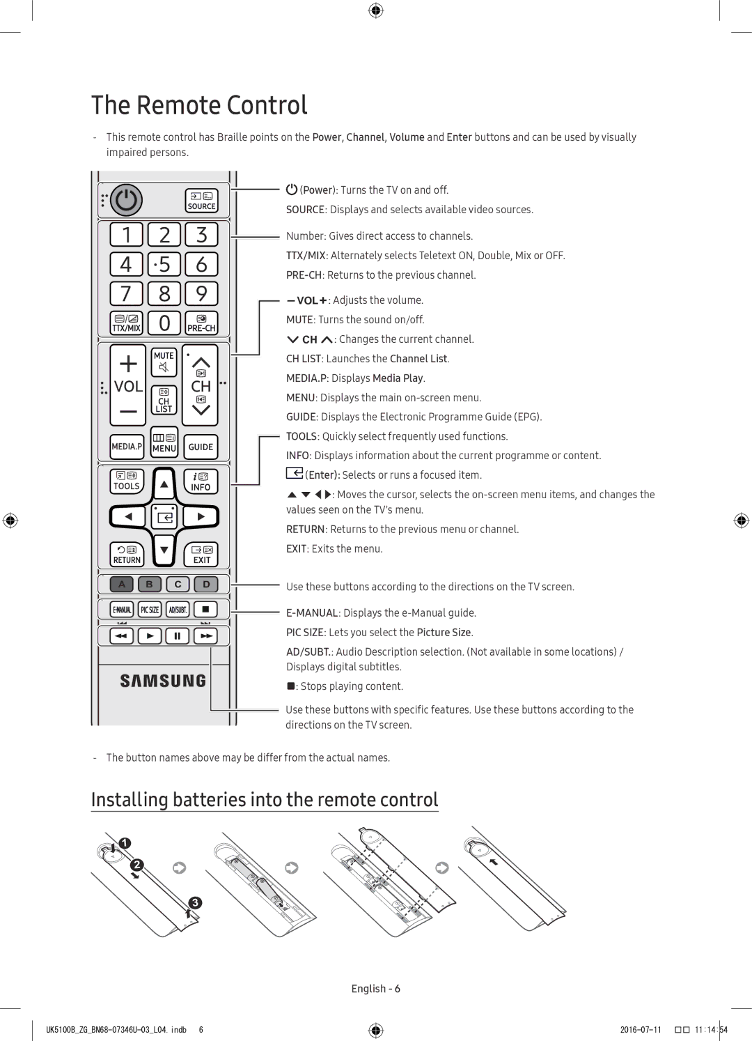 Samsung UE32K5170SSXZG, UE32K4109AWXZG, UE32K5179SSXZG manual Remote Control, Installing batteries into the remote control 