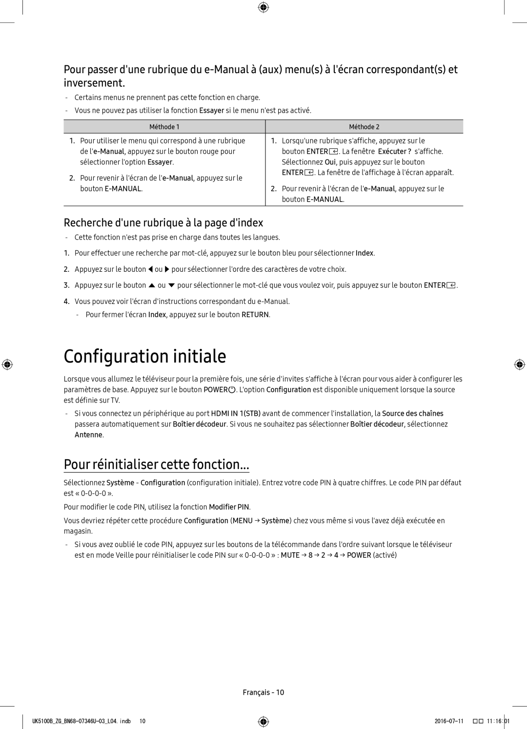 Samsung UE32K4100AWXXN Configuration initiale, Pour réinitialiser cette fonction, Recherche dune rubrique à la page dindex 