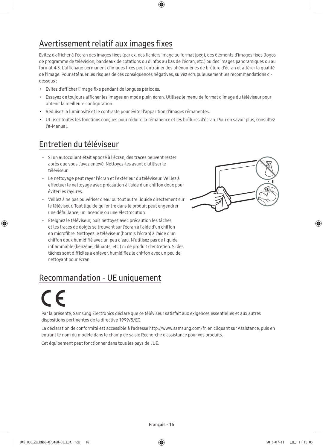 Samsung UE32K4100AWXXC manual Avertissement relatif aux images fixes, Entretien du téléviseur, Recommandation UE uniquement 