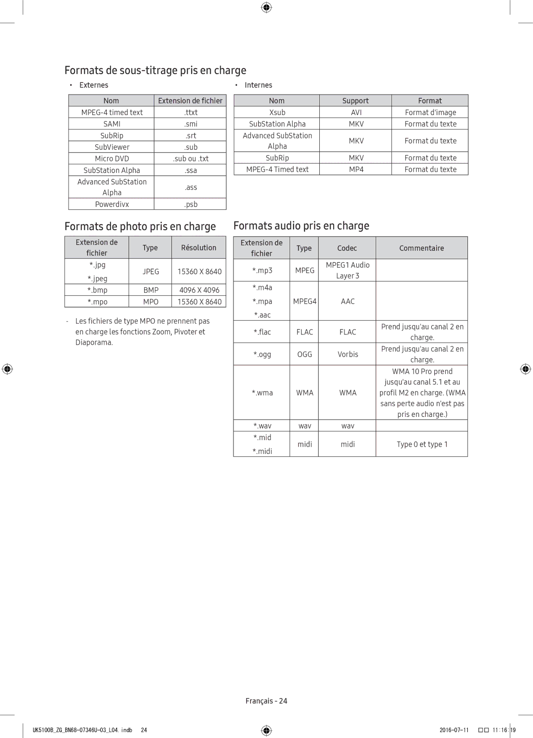 Samsung UE40K5170SSXZG, UE32K4109AWXZG manual Formats de sous-titrage pris en charge, Formats de photo pris en charge 