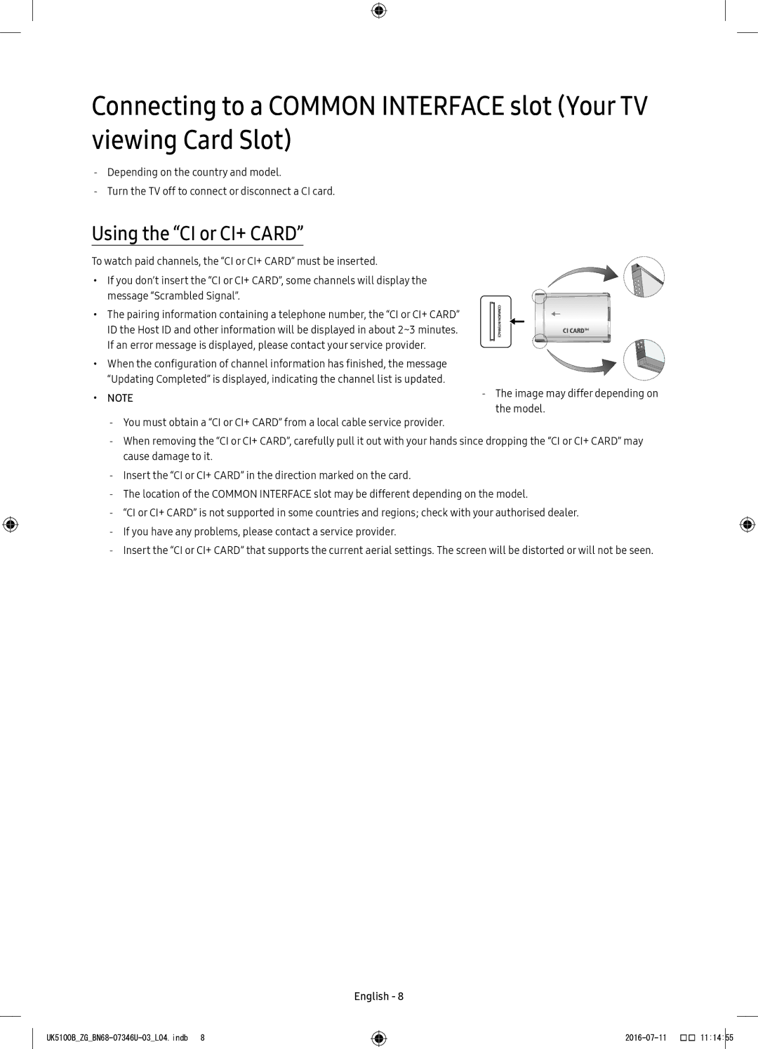 Samsung UE32K4100AWXXN, UE32K4109AWXZG, UE32K5179SSXZG, UE40K5179SSXZG, UE32K4100AWXXH manual Using the CI or CI+ Card 