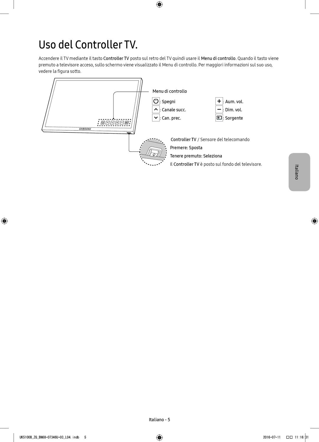 Samsung UE40K5179SSXZG, UE32K4109AWXZG manual Uso del Controller TV, Menu di controllo Spegni, Canale succ, Can. prec 