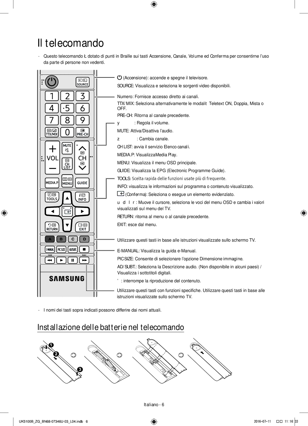 Samsung UE32K4100AWXXH manual Il telecomando, Installazione delle batterie nel telecomando, MEDIA.P Visualizza Media Play 