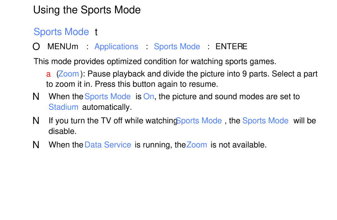 Samsung UE49K5170SSXZG manual Using the Sports Mode, Sports Mode t, OO MENUm → Applications → Sports Mode → Entere 