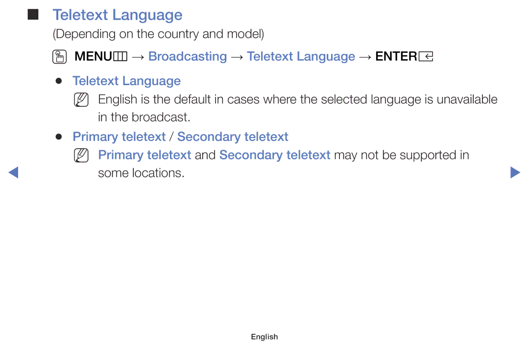 Samsung UE40K5100AWXXN, UE32K4109AWXZG, UE32K5179SSXZG manual OO MENUm → Broadcasting → Teletext Language → Entere 