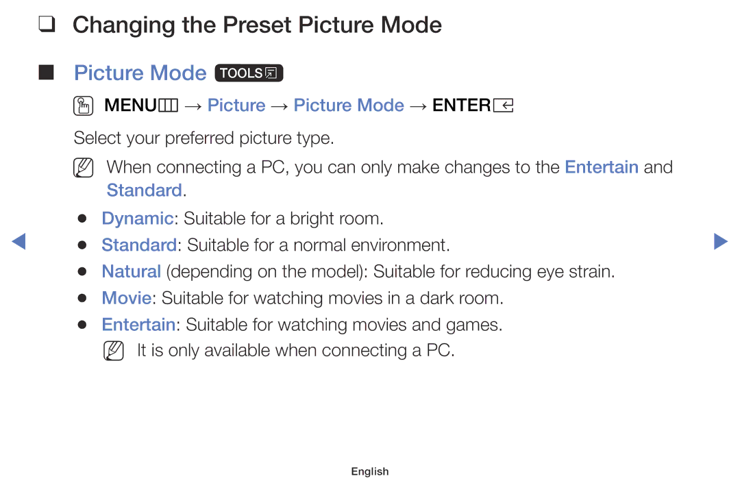 Samsung UE49K5100AWXXN manual Changing the Preset Picture Mode, Picture Mode t, OO MENUm → Picture → Picture Mode → Entere 