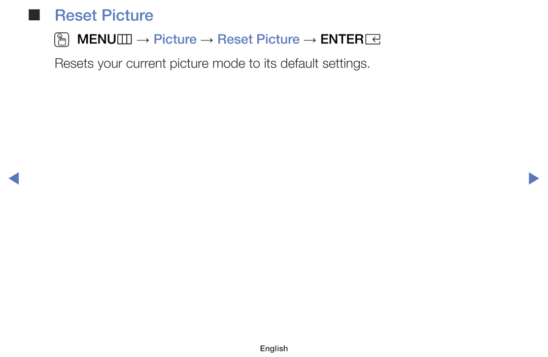 Samsung UE40K5100AWXZF, UE32K4109AWXZG, UE32K5179SSXZG, UE49K5179SSXZG manual OO MENUm → Picture → Reset Picture → Entere 