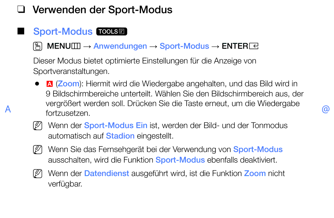 Samsung UE32K5100AWXXH manual Verwenden der Sport-Modus, Sport-Modus t, OO MENUm → Anwendungen → Sport-Modus → Entere 