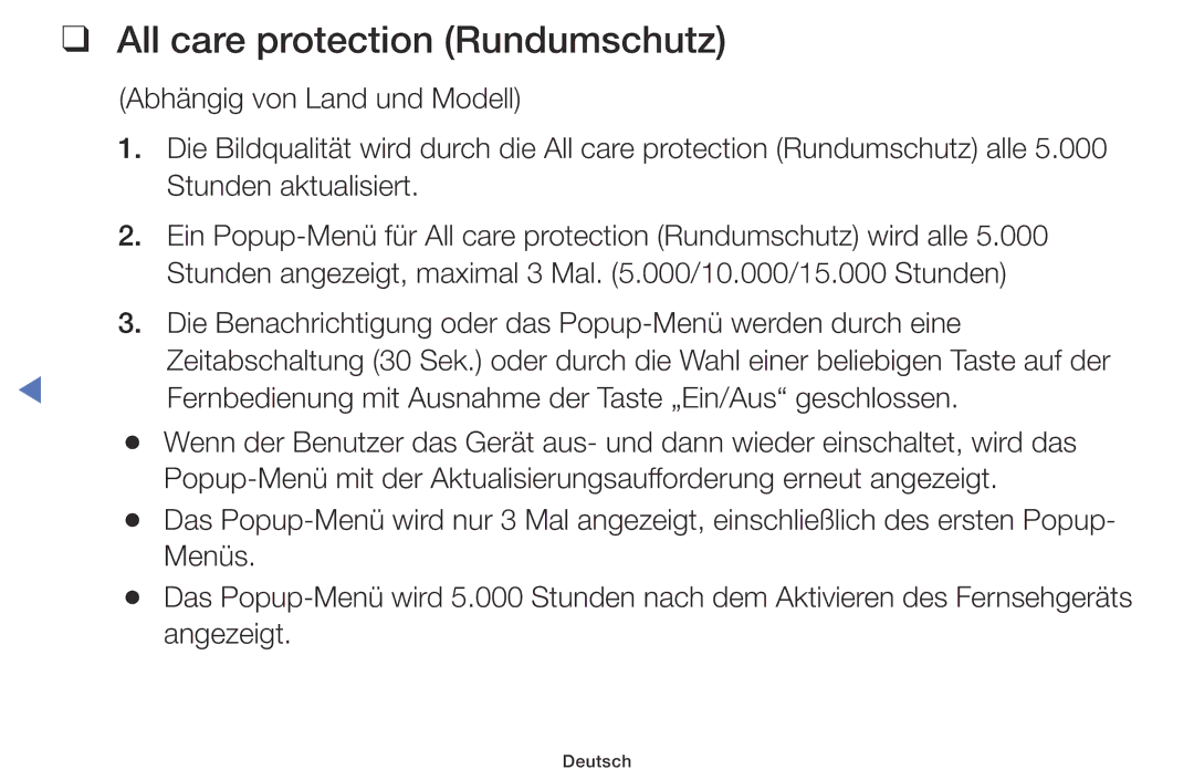 Samsung UE49K5100AWXXH manual All care protection Rundumschutz, Fernbedienung mit Ausnahme der Taste „Ein/Aus geschlossen 