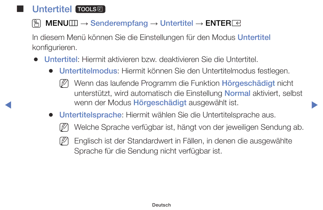 Samsung UE32K4100AWXXC, UE32K4109AWXZG, UE32K5179SSXZG manual Untertitel t, OO MENUm → Senderempfang → Untertitel → Entere 