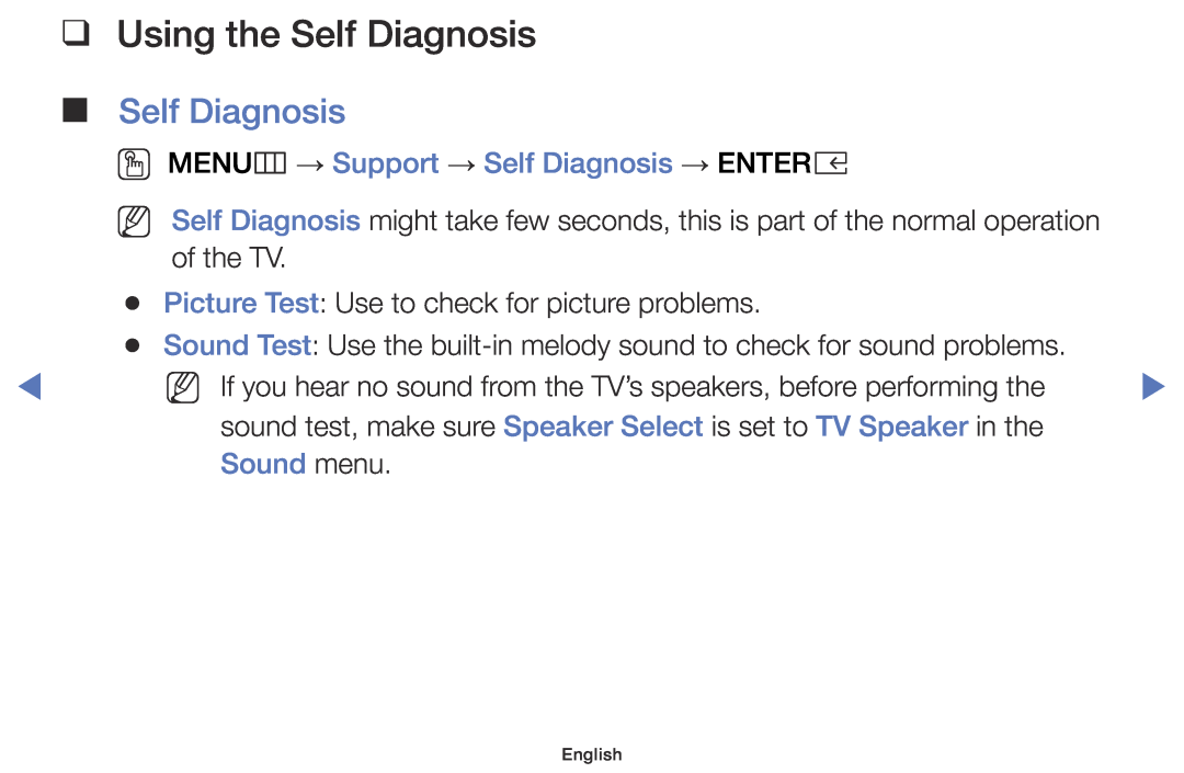 Samsung UE49K5100AKXXU, UE32K4109AWXZG Using the Self Diagnosis, OO MENUm → Support → Self Diagnosis → ENTERE, Sound menu 