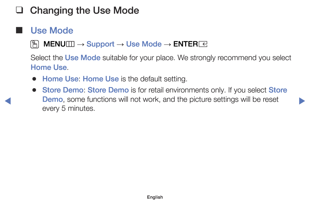 Samsung UE32K4100AWXZG, UE32K4109AWXZG Changing the Use Mode, OO MENUm → Support → Use Mode → ENTERE, Home Use, English 