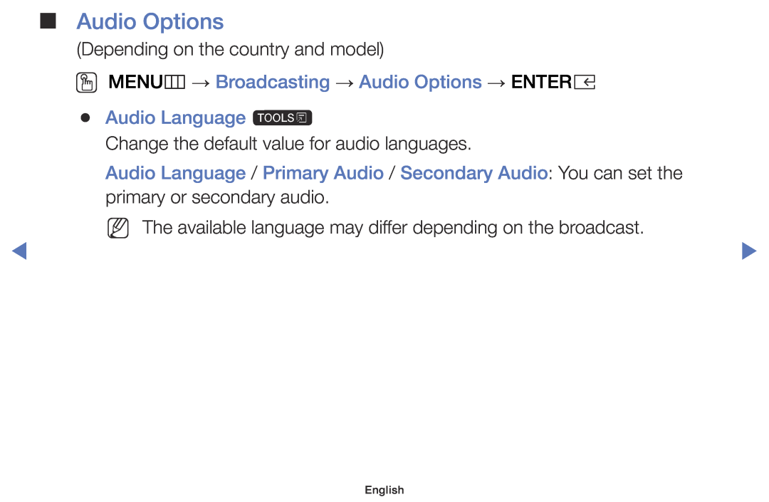 Samsung UE32K5100AWXXN, UE32K4109AWXZG manual OO MENUm → Broadcasting → Audio Options → ENTERE Audio Language t, English 