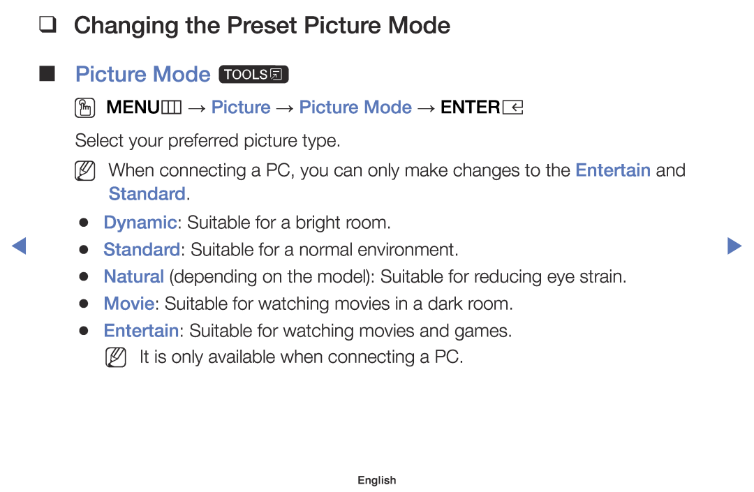 Samsung UE49K5100AWXXN manual Changing the Preset Picture Mode, Picture Mode t, OO MENUm → Picture → Picture Mode → ENTERE 