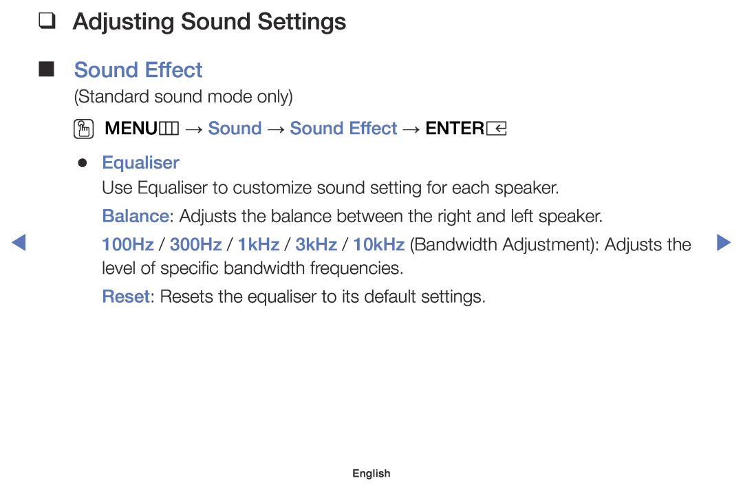 Samsung UE40K5100AKXZT manual Adjusting Sound Settings, OO MENUm → Sound → Sound Effect → ENTERE, Equaliser, English 