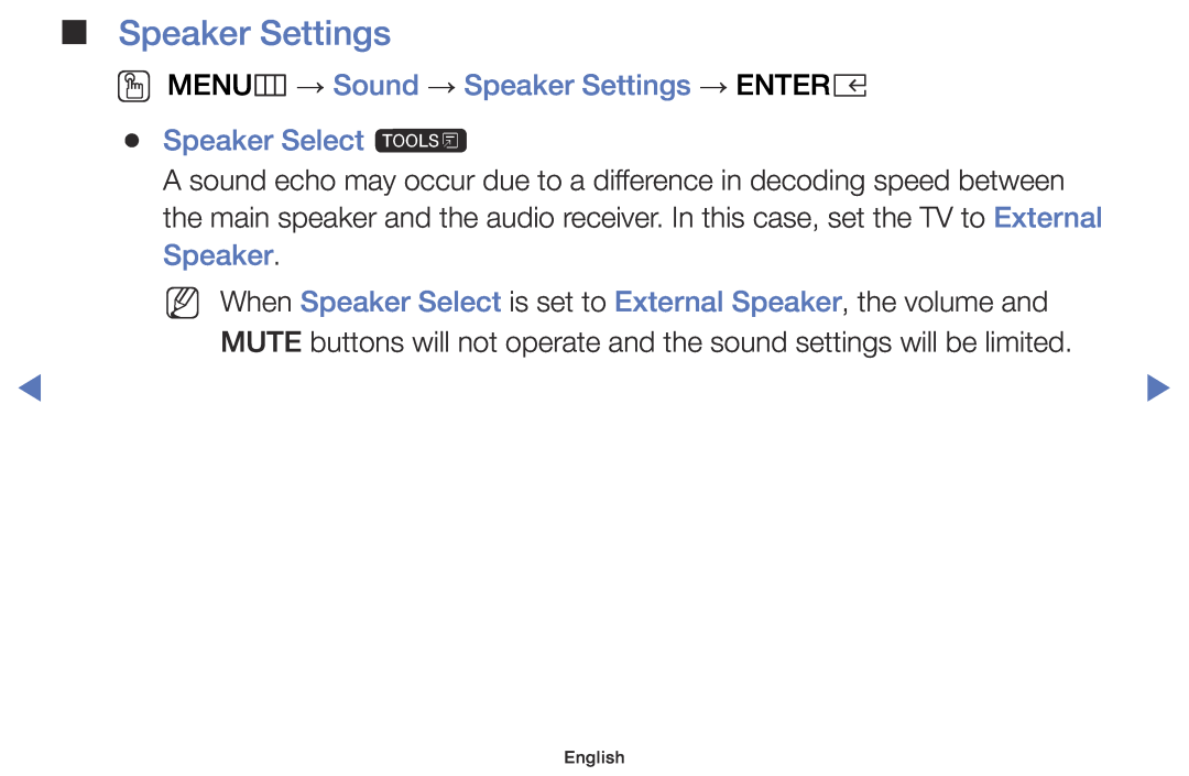 Samsung UE32K4100AKXZT, UE32K4109AWXZG manual OO MENUm → Sound → Speaker Settings → ENTERE Speaker Select t, English 