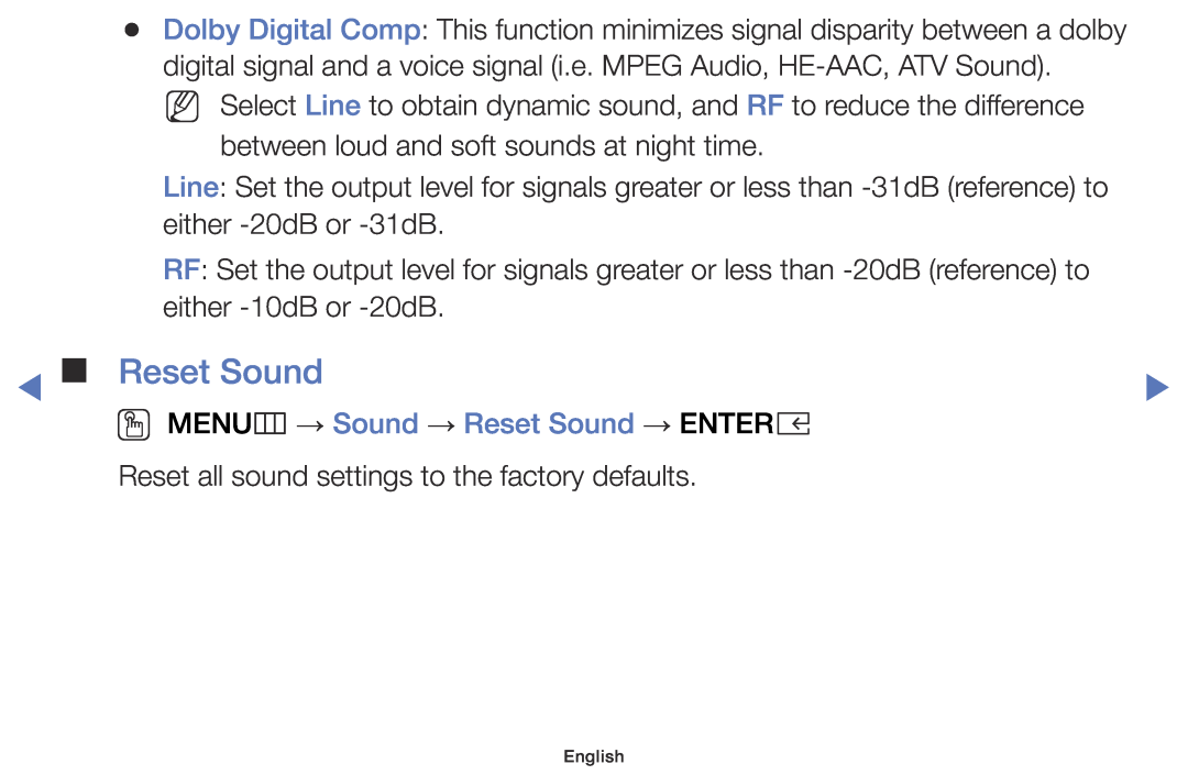 Samsung UE32K4100AKXXU, UE32K4109AWXZG, UE32K5179SSXZG, UE49K5179SSXZG manual OO MENUm → Sound → Reset Sound → ENTERE 