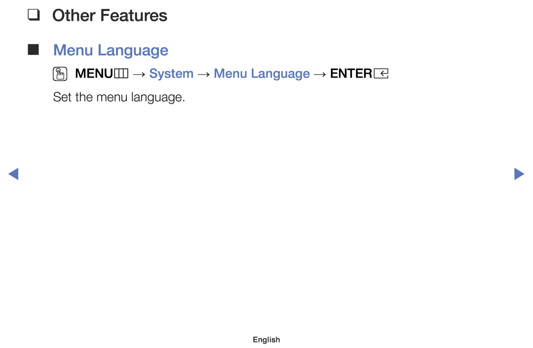 Samsung UE49K5179SSXZG OO MENUm → System → Menu Language → ENTERE, Other Features, Set the menu language, English 