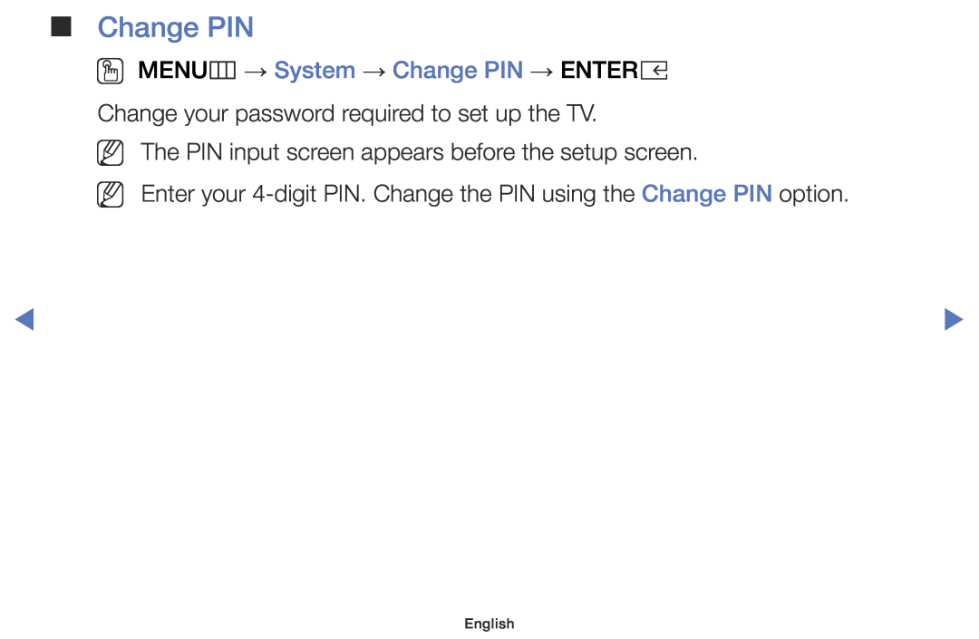 Samsung UE32K4100AWXXH, UE32K4109AWXZG manual Change PIN, NN The PIN input screen appears before the setup screen, English 
