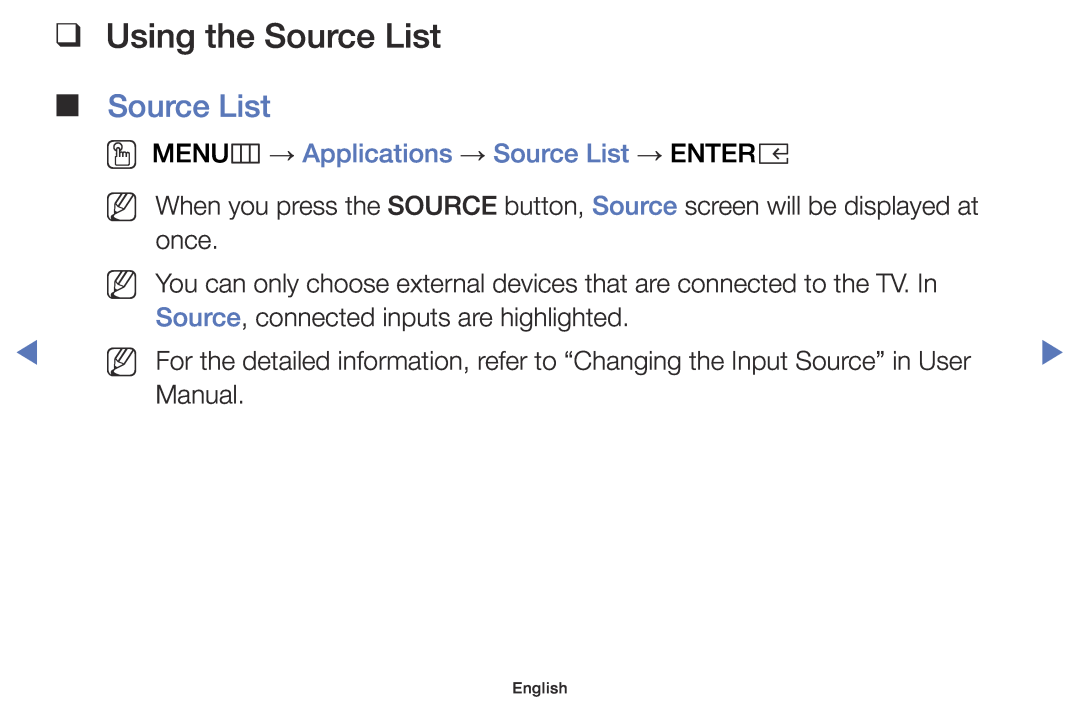 Samsung UE49K5100AWXXC, UE32K4109AWXZG manual Using the Source List, OO MENUm → Applications → Source List → ENTERE, English 
